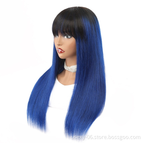 Wholesale 10A Grade 150% Density  Machine Made Color Human Hair Wigs With Bang